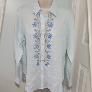 Bella Tu Gorsuch Blue linen Embroidered & Beaded Long Sleeve Blouse Sz Medium
